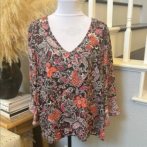 J. Jill Top Navy Blue Orange Paisley Floral Flare Sleeve V Neck Top Size Large